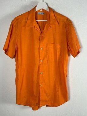 Gene Meyer Mens Orange Button-Up Shirt Large Short Sleeve Cotton Made In Italy